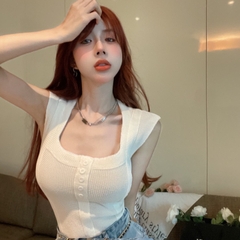 [A102] Áo len thun Montoghi dệt kim VAI HẾN CỔ VUÔNG dáng ôm phối nút Quảng Châu cực hot - L2M