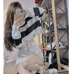 [A137] Áo len thun nữ Montoghi dệt kim mỏng KIỂU RÁCH CROPTOP kẻ sọc phong cách QC cá tính - L2M  (Hot)