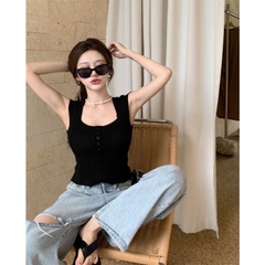 [A102] Áo len thun Montoghi dệt kim VAI HẾN CỔ VUÔNG dáng ôm phối nút Quảng Châu cực hot - L2M