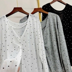 [A348] Áo len THUN GIẤY mỏng nhẹ CHẤM BI XẺ TÀ phom rộng MẶC 2 KIỂU tay dài Quảng Châu hot - L2M (Sale)