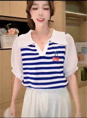 [A145] Áo len thun nữ Montoghi dệt kim LOGO CHERRY phối TAY PHỒNG họa tiết kẻ sọc xinh xắn - L2M (Sale)