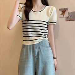 [A160] Áo len thun Montoghi dệt kim ONG CD CỔ TRÒN phối SỌC viền tay ngắn Quảng Châu xinh xắn - L2M