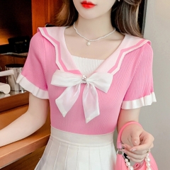 [A019] Áo len thun nữ dệt kim Montoghi CÀI NƠ CỔ dáng ôm kết hợp TAY BÈO Quảng Châu ngắn xinh - L2M  (Hot)