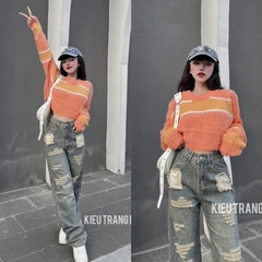 [A094] Áo len nữ Montoghi QC dệt kim THU ĐÔNG dáng CROPTOP SỌC MÀU PHỐI xinh xắn năng động - L2M