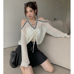 [A206] Áo len LƯỚI dệt kim Montoghi KHOÉT HỞ VAI viền cổ thuyền tay dài phối dây rút xinh - L2M