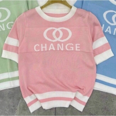 [A016] Áo len thun nữ Montoghi dệt kim Quảng Châu in chữ CHANGE ngắn tay phối sọc siêu hot - L2M (Sale)