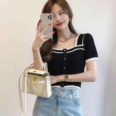 [A101] Áo len thun Montoghi dệt kim Quảng Châu CỔ VUÔNG kiểu Pháp PHỐI VIỀN tay ngắn - L2M