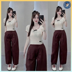 [A477] Áo len nữ Montoghi dệt kim PHỐI LƯỚI VIỀN BÈO và NƠ dáng ôm tôn body xinh xắn - L2M (New)