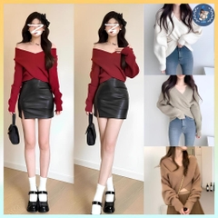 [A451] Áo len nữ Montoghi dệt kim PHỐI CHÉO 2 BÊN mặc được nhiều kiểu tay dài sang trọng - L2M (New)