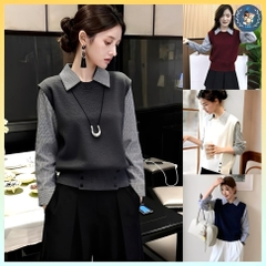 [A469] Áo len nữ Montoghi dệt kim 3 NÚT phối SƠ MI SỌC kiểu trơn tay dài sang trọng - L2M (New)