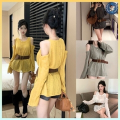 [A464] Set Áo len LƯỚI montoghi KHOÉT VAI KÈM ĐAI TO tay dài mặc ngoài đi biển dễ phối đồ - L2M (New)