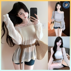 [A462] Set Áo len LƯỚI montoghi CỔ V LƯỚI NHỎ KÈM ĐAI form vừa mặc ngoài đi biển dễ phối đồ - L2M (New)