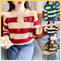 [A096] Áo len thun nữ Montoghi dệt kim POLO kẻ sọc retro có DÂY RÚT CỔ và LOGO HOA năng động - L2M  (Hot)