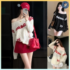 [A484] Áo len LƯỚI montoghi dệt kim PHỐI CHỮ VIỀN TAY form rộng mặc ngoài đi biển dễ phối đồ - L2M (New)