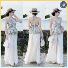[A446] Set Áo kiểu CỔ YẾM VẼ HOA VĂN có mút kèm QUẦN TƠ GÃY 2 lớp ống rộng lưng chun tôn dáng - L2M (New)