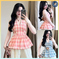 [A432] Áo kiểu nữ CỔ YẾM KẺ CARO có mút vạt xòe phối lưng chun tôn dáng xinh xắn hot trend - L2M (New)