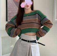 [A051] Áo len nữ Montoghi dệt kim TAY DÀI dáng CROPTOP kẻ sọc xanh HQ loại 1 chơi Đà Lạt  - L2M  (Hot)