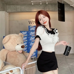 [A019] Áo len thun nữ dệt kim Montoghi CÀI NƠ CỔ dáng ôm kết hợp TAY BÈO Quảng Châu ngắn xinh - L2M  (Hot)