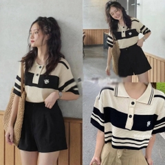 [A049] Áo len thun nữ Montoghi dệt kim polo cộc tay DÁNG RỘNG kẻ sọc RETRO có LOGO trẻ trung - L2M