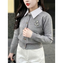 [A358] Áo len nữ Montoghi dệt kim PHỐI CỔ SƠ MI SỌC thêu LOGO cài nút tay dài QC sang trọng - L2M  (Hot)