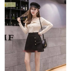 [Q003-5] Quần giả váy nữ XẺ TÀ 3 NÚT phối lưng thun co giãn chất tuyết mưa cực sang chảnh - L2M