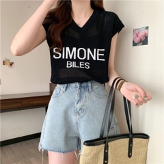 [A005] Áo len LƯỚI nữ Montoghi dệt kim in chữ SIMONE BILES tay hến cổ V Quảng Châu xinh xắn - L2M (Sale)