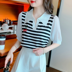 [A145] Áo len thun nữ Montoghi dệt kim LOGO CHERRY phối TAY PHỒNG họa tiết kẻ sọc xinh xắn - L2M (Sale)