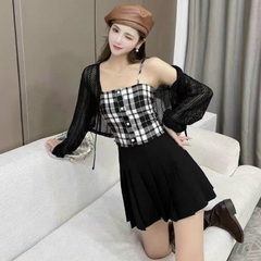 [A217] SET (2 MÓN) áo KHOÁC len lưới kèm áo CARO đính nút thời trang Quảng Châu năng động - L2M