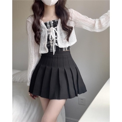 [A217] SET (2 MÓN) áo KHOÁC len lưới kèm áo CARO đính nút thời trang Quảng Châu năng động - L2M