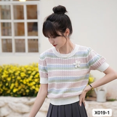 [A199] Áo len thun Montoghi dệt kim SỌC GÂN VUÔNG cổ tròn tay ngắn QC nhiều màu sắc tươi tắn - L2M