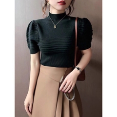 [A043] Áo len thun nữ Montoghi dệt kim CỔ LỌ 3cm tay phồng sóng ngang Quảng Châu phong cách - L2M
