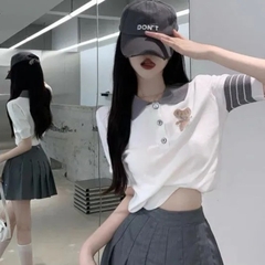 [A166] Áo len thun Montoghi dệt kim SỌC TAY THÊU HÌNH GẤU trước sau Quảng Châu siêu dễ thương - L2M (Sale)