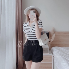[A098] Áo len thun nữ Montoghi dệt kim Quảng Châu logo ONG CD kẻ sọc polo phối nút xinh - L2M