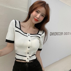 [A101] Áo len thun Montoghi dệt kim Quảng Châu CỔ VUÔNG kiểu Pháp PHỐI VIỀN tay ngắn - L2M