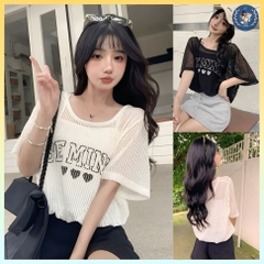 [A328] SET 2 áo len lưới IN CHỮ PHỐI TIM dáng croptop TAY NGẮN nhúm eo Quảng Châu siêu xinh - L2M