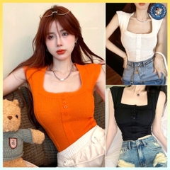 [A102] Áo len thun Montoghi dệt kim VAI HẾN CỔ VUÔNG dáng ôm phối nút Quảng Châu cực hot - L2M