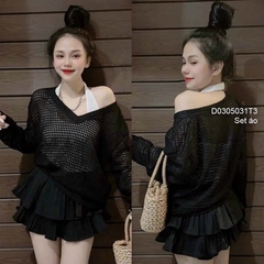 [A195] SET (2 MÓN) áo len dệt kim Montoghi kiểu YẾM MIX áo LƯỚI DÀI CỔ V thời trang sành điệu - L2M  (Hot)