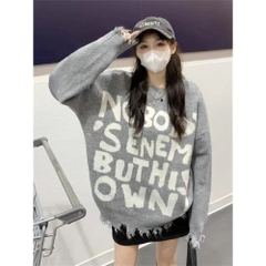 [A230] Áo len thun nữ Montoghi dệt kim DÁNG DÀI IN CHỮ phối RÁCH LAI TUA phom rộng siêu hot - L2M  (Hot)