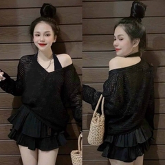[A195] SET (2 MÓN) áo len dệt kim Montoghi kiểu YẾM MIX áo LƯỚI DÀI CỔ V thời trang sành điệu - L2M  (Hot)