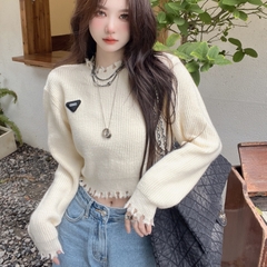 [A239] Áo len thun nữ Montoghi dệt kim CROPTOP logo TAM GIÁC phối VIỀN RÁCH tay dài cá tính - L2M  (Hot)