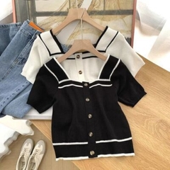 [A101] Áo len thun Montoghi dệt kim Quảng Châu CỔ VUÔNG kiểu Pháp PHỐI VIỀN tay ngắn - L2M