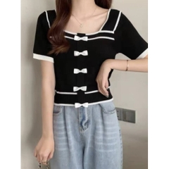 [A101] Áo len thun Montoghi dệt kim Quảng Châu CỔ VUÔNG kiểu Pháp PHỐI VIỀN tay ngắn - L2M