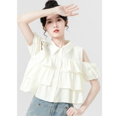[A286] Áo sơ mi kiểu nữ 3 TẦNG HỞ VAI phối nơ tay ngắn cổ polo hàng Quảng Châu xinh xắn - L2M (Sale)