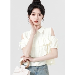 [A286] Áo sơ mi kiểu nữ 3 TẦNG HỞ VAI phối nơ tay ngắn cổ polo hàng Quảng Châu xinh xắn - L2M (Sale)