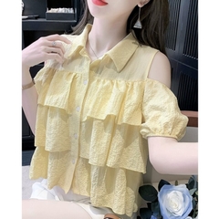 [A286] Áo sơ mi kiểu nữ 3 TẦNG HỞ VAI phối nơ tay ngắn cổ polo hàng Quảng Châu xinh xắn - L2M (Sale)