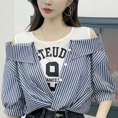 [A293] Áo len nữ Montoghi IN CHỮ RỚT VAI phối sơ mi TAY NGẮN Quảng Châu kiểu dáng độc đáo - L2M