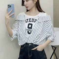 [A293] Áo len nữ Montoghi IN CHỮ RỚT VAI phối sơ mi TAY NGẮN Quảng Châu kiểu dáng độc đáo - L2M