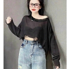 [A137] Áo len thun nữ Montoghi dệt kim mỏng KIỂU RÁCH CROPTOP kẻ sọc phong cách QC cá tính - L2M  (Hot)