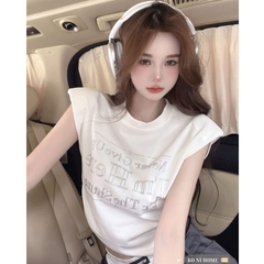 [A320] Áo thun kiểu nữ phối ĐÍNH ĐÁ ĐỆM VAI tay hến cổ tròn Quảng Châu năng động xinh xắn - L2M (Sale)