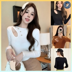 [A319] Áo len Montoghi dệt kim KHOANH TRÒN ĐÍNH NÚT cổ tròn dáng lửng mềm mịn tay dài xinh - L2M (Sale)